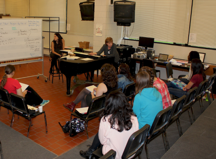 Upper School Choral Activities teacher Anne Klus teaches the Music Seminar class. “Each student brings their own expertise and musical insight into the class,“ Klus said.