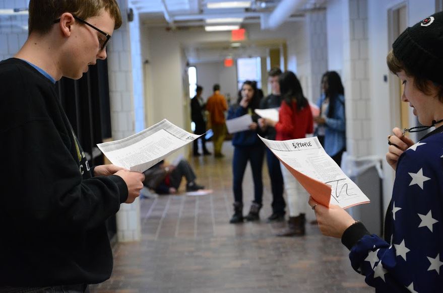 Junior Halsey Moe and sophomore Alice Tibbetts practice for the auditions together. 