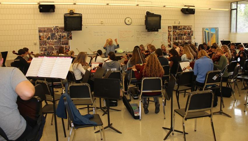 The Academy Symphony and Honors Sinfonia practices a Star Wars medley during Thursday tutorial. “All the pieces sound good [now]. It’s going to go well,” sophomore Will Donaldson said