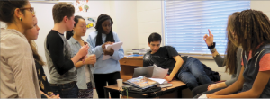 Seniors Charlie Rosenblum, Ysabella Johnson, Alicia Zhang, juniors Bella Martinez, Evva Parsons, Jesus Vega, Emma Rodgerson, and freshman Lutalo Jones discuss the Martin Luther King Jr. Day assembly. “It’s an experience to talk about it, and keep relearning history and bring in new perspectives,” Rosenblum said.
