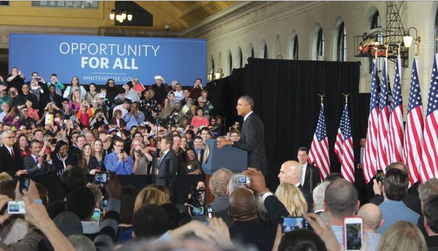 President Barack Obama spoke about  public trasporation and infrastructure in the United States during his recent visit to St. Paul’s newly restored Union Depot on Feb. 26.  “We’ve got a lot more roads we got to travel. Let’s get going, Minnesota,” Obama said. 