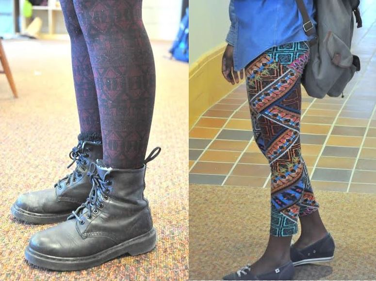 Right, senior Ysabella Johnson wears colorful tribal print leggings with a chambray blouse. 
Left, sophomore Claudia Rosario styles red and black printed leggings with leg warmers and floral print combat boots.  [Patterned leggings]re cool and comfy. They look better than just plain black and its easier to change it up, she said.