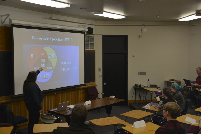 A filmmaking seminar was hosted on Tuesday, Feb. 4  in the lecture room. Students interested in film attended the seminar, including seniors Michael Wilkens and Charlotte Hughes, juniors Halsey Moe and Olivia Fitch, and sophomores Maggie Vlietstra, Calla Saunders, and Maren Findlay, along Upper School English teacher and Film Club adviser Randall Findlay.  Findlay describes the SPA Student Movie Award is “a way of giving extra recognition to students who took the opportunity to make movies. “
