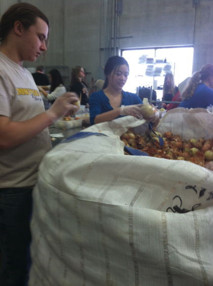 Sophomores Tommy Monserud and Elena Youngdale sort through onions at Second Harvest Heartland.