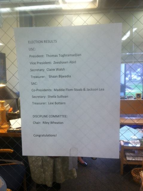 Election results were posted outside Dean Judy Cummins's office on April 23. 
