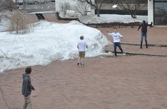 From bottom left to top right, junior Nick Koch, sophomore Brendan McGlincey, junior Sam Suzuki, and junior Abdulsalan Osman play in the courtyard together.