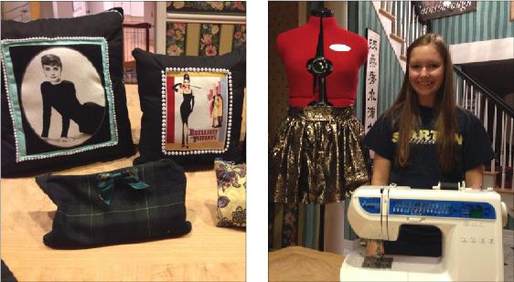 Left: Some of junior Blaire Bemel’s creations include pillows and pencil cases. Right: Bemel poses with her sewing machine ‘Elna.’ “It’s a really good feeling when someone asks you where you got something and you can actually say you made it,” she said. 