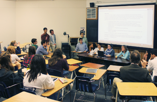 Upper school council  MEMBERS pictured (L to R) Lukas Kelsey-Friedemann, Breandon Gibbons, Shaan Bijwadia, Jack Labovitz, Raffi Toghramadjian, Thomas Toghramadjian, Diane Huang, Numi Katz, Claire Walsh, Moira McCarthy, Neerja Thakkar, and Jordan Moradian facilatate a discussion on the future revisions to the dress code with a panel of student body members.“I don’t think that anyone has taken a good, serious look at [the dress code] in I don’t know how long,” US Principal Chris Hughes said.