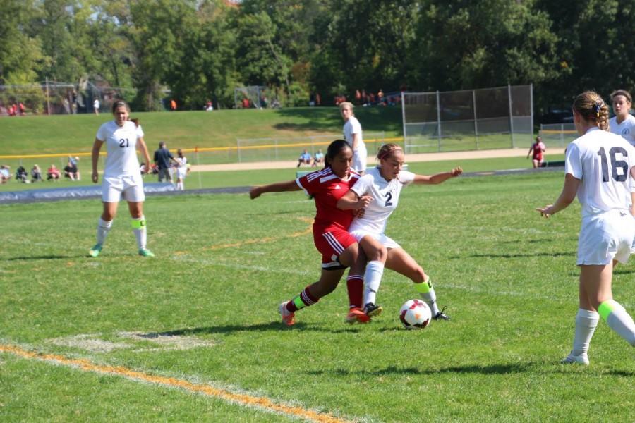 Senior Molly Fiedler defends the ball during a season game.  The GVS plays @ SPA today at 4:30.