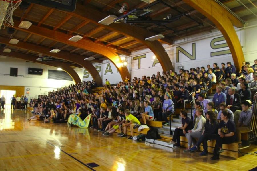 New and old students gather together in Historic Briggs Gymnasium for the homecoming pepfest. "The kids who have been here for a long time are really welcoming and you fit in with people because there are so many different people who like so many different things. You can always find a person who is similar to you," freshman John Gisselquist said.