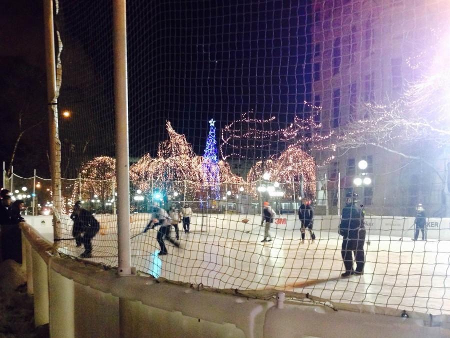 People come together for a fun hockey game at Wells Fargo Winter Skate. “The lights are really pretty, you feel like youre in a winter wonderland,” Freshman Ellie Findell said.