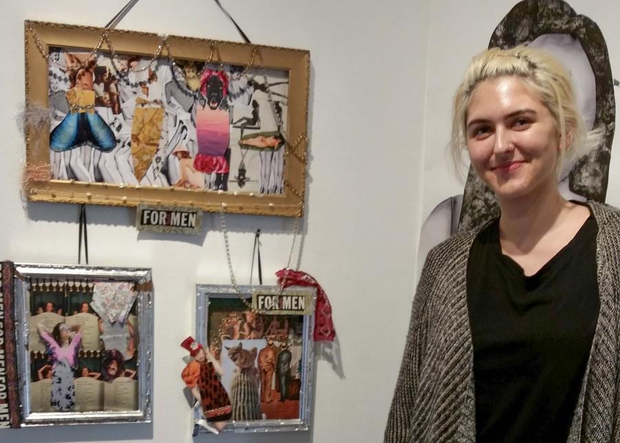 Senior Olivia Black poses with her art. “My art represents different gender roles within the fashion industry and how it affects the way women choose to dress,” Black said.