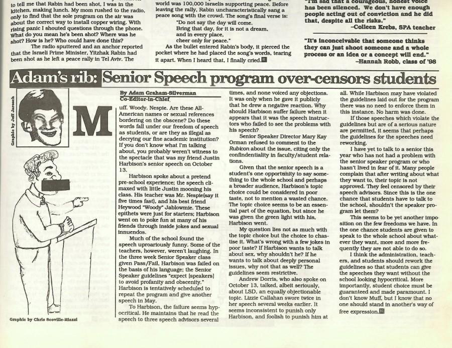 For obscene language in his speech, James Harbison '96 failed the three week Senior Speaker class. Then Editor-in-Chief of The Rubicon, Adam Graham-Silverman opposed that decision.