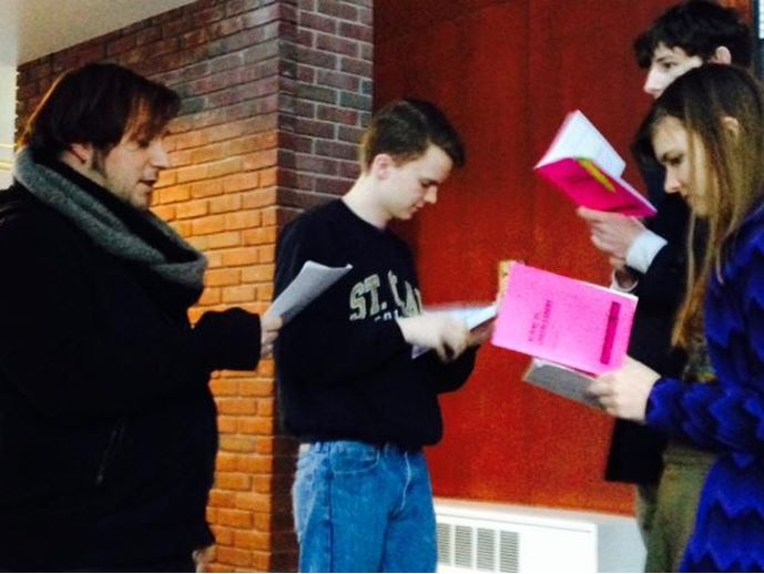 Senior Halsey Moe and junior Jack Romans practice their lines for the upcoming student directed annual MSHSL one act competition.