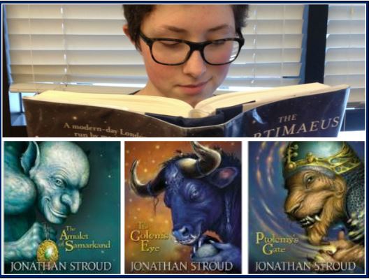 Junior Tessa Rauch reads The Amulet of Samarkand, the first book of The Bartimaeus Trilogy. “It's interesting because its not really set in any time period that we know...it feels like the 1800s but the technology is advanced. [It’s like the] last days of the British empire," Rauch said.