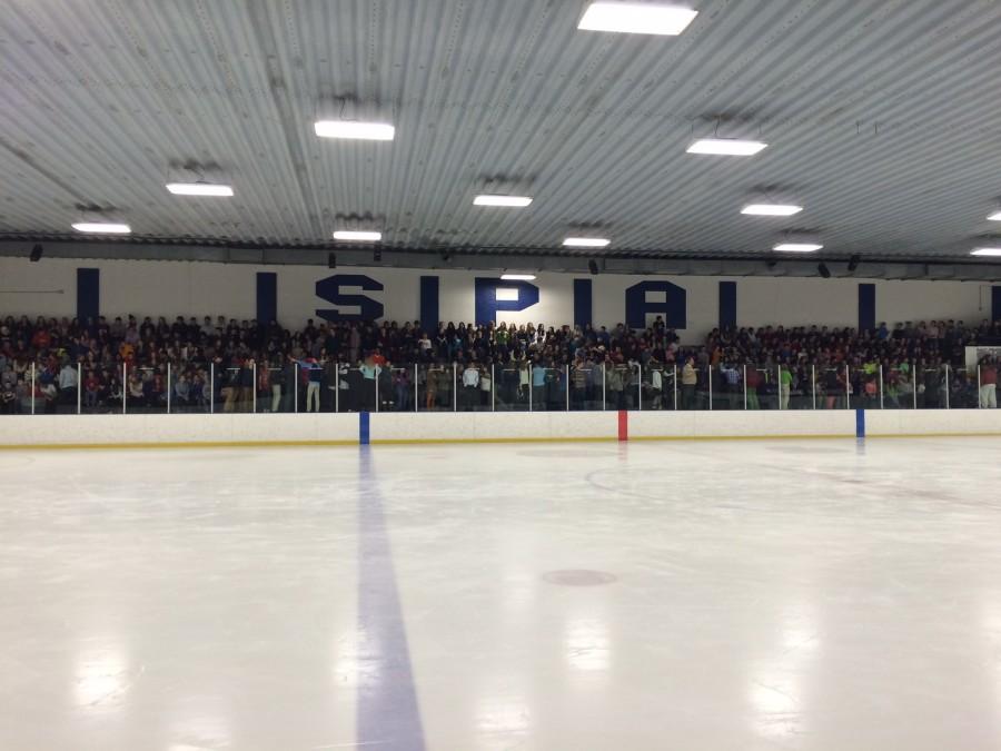 Upper and Middle School students fill the stands at Drake Arena on Feb. 24 during the fire evacuation.