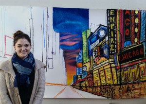 Senior Eva Zaydman poses with a work in progress of New York City.