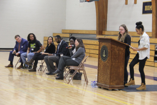 Seniors Evva pArsons and Mansuda Arora lead the St. Paul Academy and Summit School community in a discussion about racial equality with several panelists answering student questions on Jan. 13. “There were different opinions and it was something we could interact with,” senior Em Prozinski said.