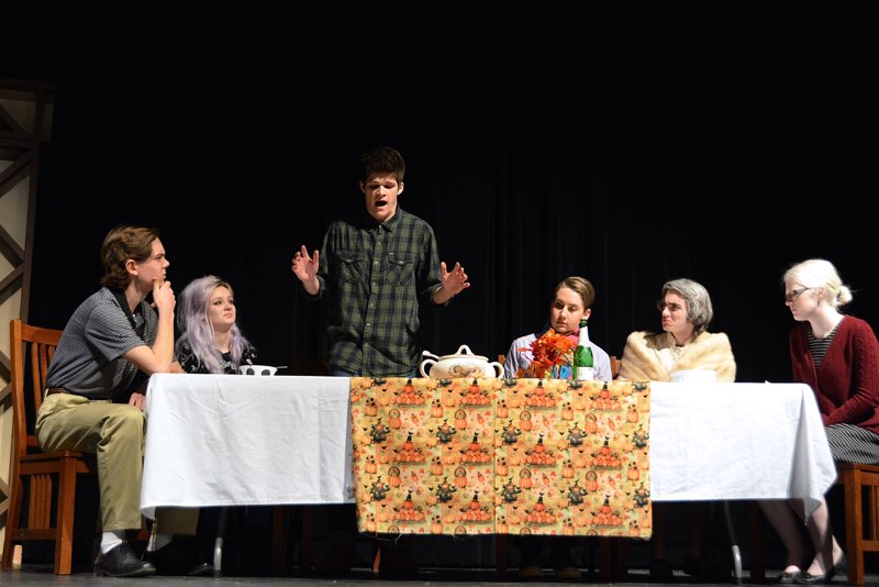 Senior Jackson Lea stars as Jimmy in Jimmy the Antichrist. From left to right: Senior Nick Koch, sophomore Emily Schoonover, senior Jackson Lea, freshman John Gisselquist, sophomore Cole Thompson, sophomore Sarah Wheaton.