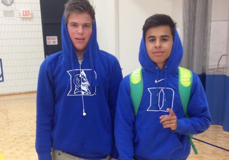 Sophomore Layne Carry and Freshman Connor Brattland show off their Duke University sweatshirts. “I am very happy to be reppin’ my team [Duke] and am glad they won!” freshman Connor Brattland said. 