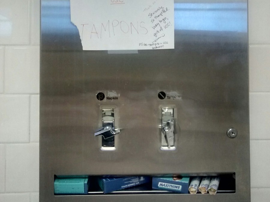 USC placed free tampons and pads into the senior hall girls bathroom.