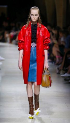 This Miu Miu outfit features a bold, red jacket.
