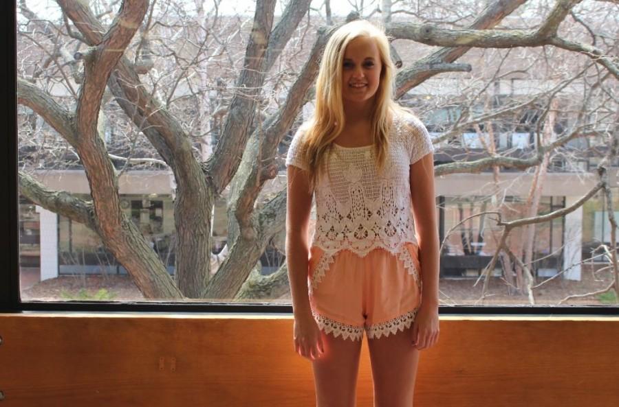 Freshman Ashley Jallen matched a crocheted crop top with orange shorts with crochet detailing. “I like wearing shorts because I feel comfortable in them and wearing them makes me feel like spring is finally here,” she said.