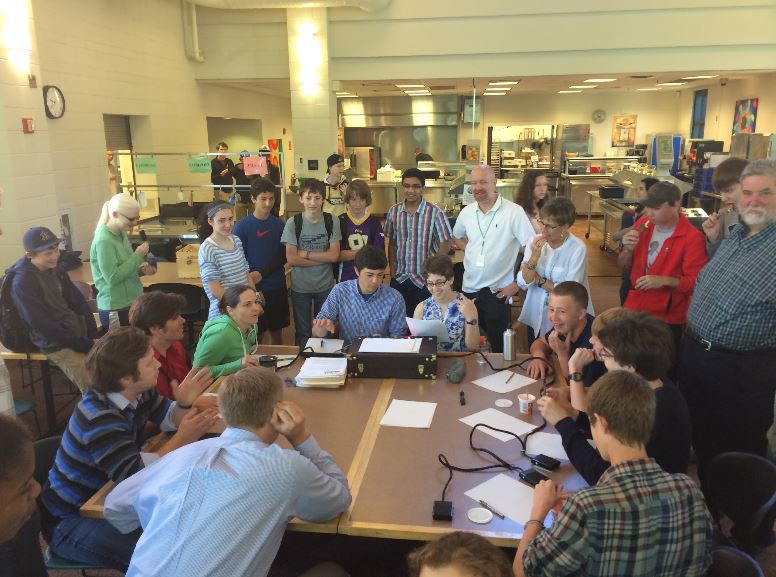 Quiz Bowl honed their skills for national competition at the annual students vs. teachers match on May 22.  Upper School science teacher Andrea Bailey, US English teacher Matt Hoven, US math teacher Carl Corcoran, and US history teacher Jon Peterson faced off against freshman Peter Blanchfield and sophomores Cole Thompson, Paul Watkins, and Ewan Lang in this round.  The competition was facilitated by Quiz Bowl sophomores Patrick Commers and Netta Kaplan.  The team goes on to compete at Nationals the weekend of May 29.