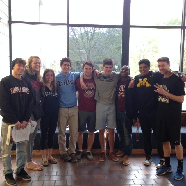 Future College athletes show off their gear  From the left, seniors Andrew Chuniard, Nancy Moyers, Mary Naas, Jordan Moradian, Isaac Forsgren, Jackson Lea, Dozie Nwaneri, Haris Hussein, and Dean Isaacson pose with their future college gear. The entirety group will be playing sports in their freshman years “I really enjoy playing soccer and I really wanted to continue playing soccer at a high level,” Senior Isaac Forsgren said.