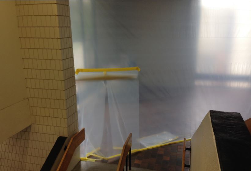 The gym foyer is covered by plastic sheets, blocking from the construction. “It smells like wood and it is kinda noisy, but as long as we keep the doors closed by the sophomore benches, I don’t think anyone notices it too much,” sophomore Lauren Hansen said. 
