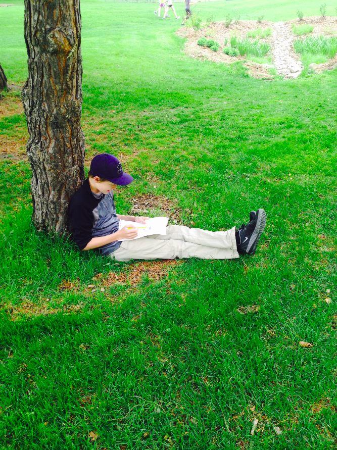 Freshman Web Lehmann  sits under a tree while studying. “I like to go outside while cramming for finals because it gets stuffy inside and it’s nice to get fresh air,”  Lehmann said.