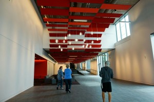The Huss Center features decorative red paneling and lights. 