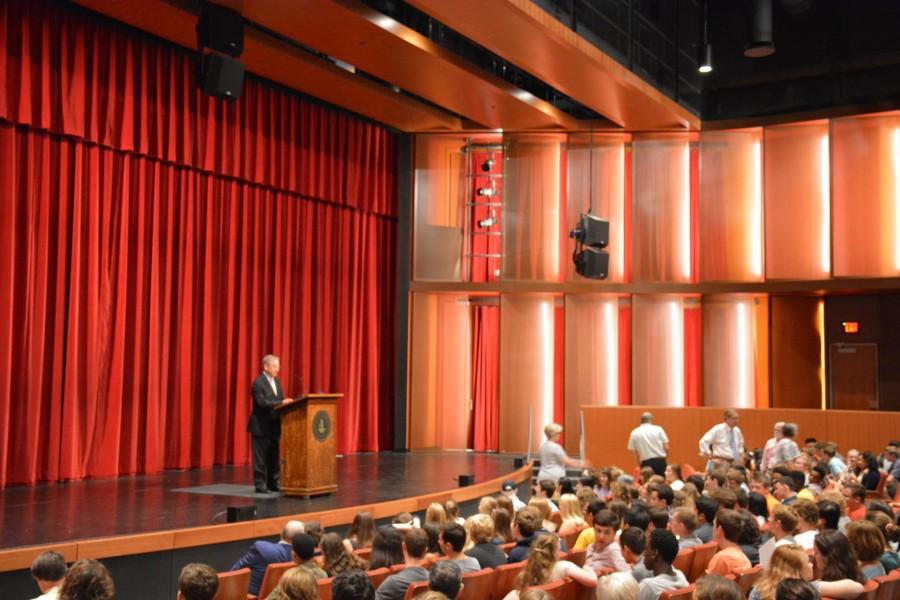 Head of School Bryn Roberts addresses the SPA community during the assembly in the Huss Center for Performing Arts. The biggest news of the year is, of course, the opening of the Huss Center for Performing Arts. Look around you. This is your new home,” Roberts said.