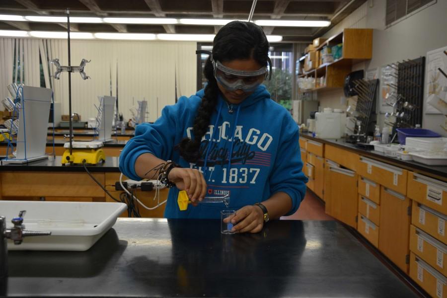 Junior Sarah Murad poses as if doing a lab, showing one engaging activity which benefits kinesthetic learners. Movement is an important element in their learning processes.