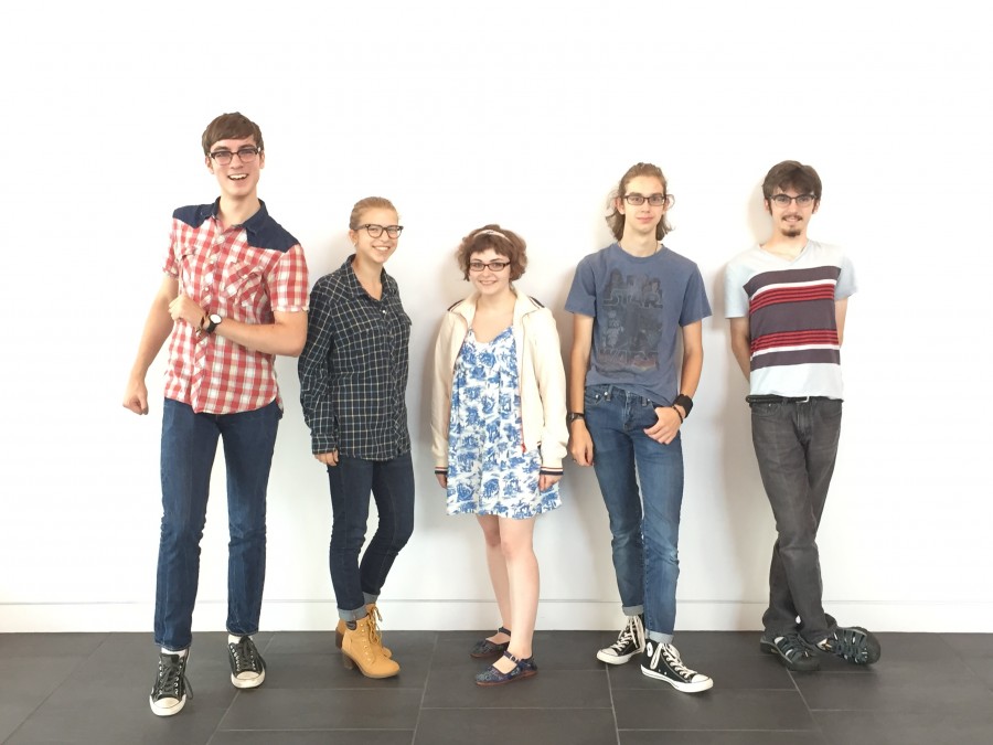 Theater students get excited about performing in the new Huss Center. From left to right: junior Kyle Ziemer, senior Maren Findlay, juniors Phoebe Pannier, Andrew Michel, and Cole Thompson.