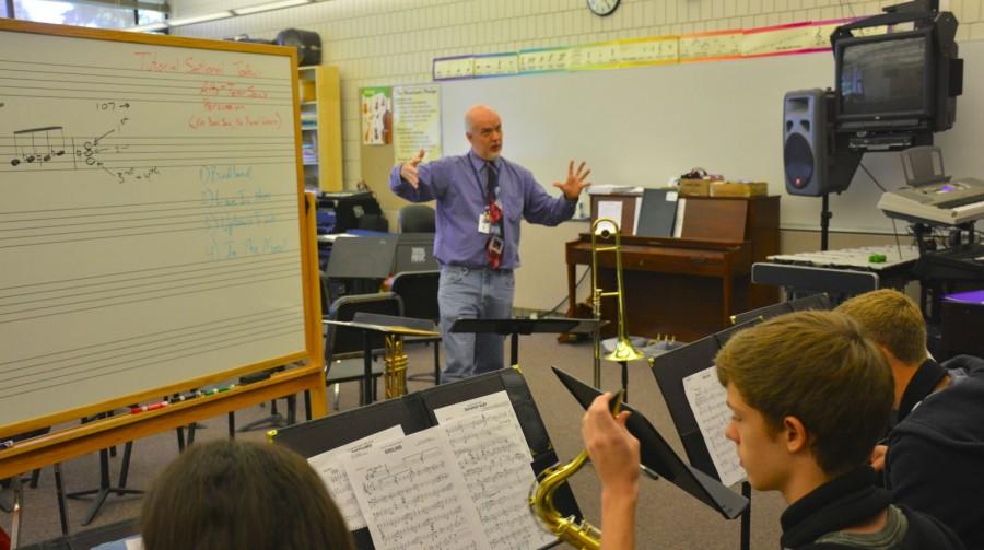 Jazz Ensemble director Randy Reid conducting during class. 