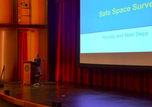 Upper School history teacher Nan Dreher presented formal results of the Safe Space survey to the student body. the data was compiled very well and coherently, and it was interesting seeing the gender divides in the school, senior Emma Taussig said. 