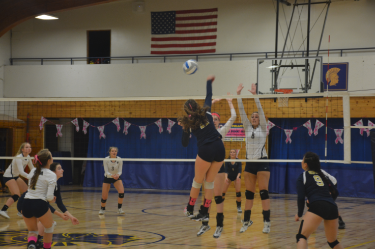 Freshman Blythe Rients spikes the ball at the opposing Providence Lions