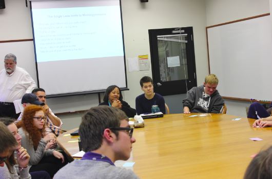 Members of the safe space task force discuss plans for the year. My goal [in serving on the task force] is for everyone to have the safest school experience possible,” senior Shaymus O’Brien said.