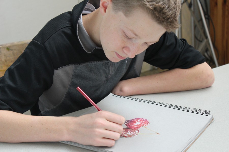 SOPHOMORE WEB LEHMANN adds the finishing touches to Cherries. “In our current society people are so insistent on instant gratification, but art is about accepting failure,” he said.