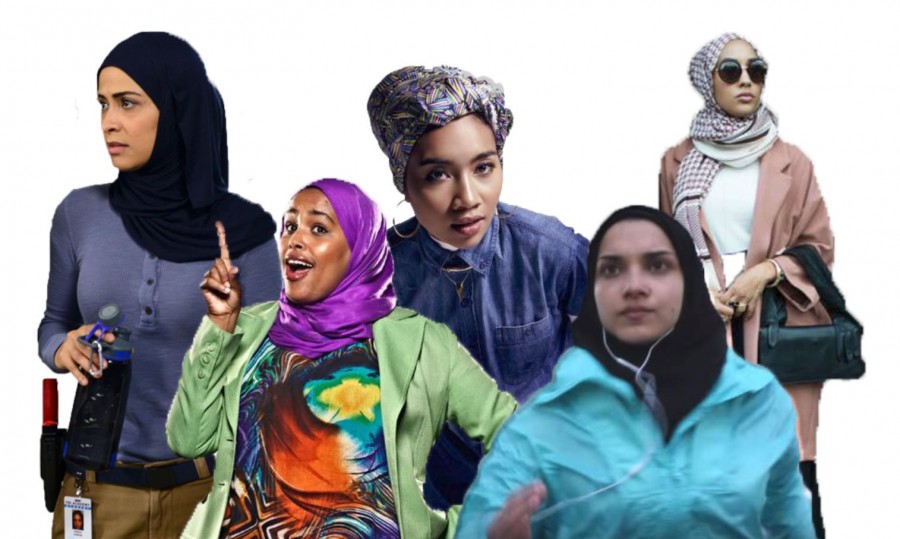 From left to right, an FBI trainee from the show Quantico, a model for the "Ramsey Recycles" ad campaign, Malaysian musician Yuna, the runner in an Apple music advertisement, and an H&M model sport Hijab as a part of marketing for several influential companies. Their appearance has sparked dialogue and increased familiarity for the traditional headscarf.   