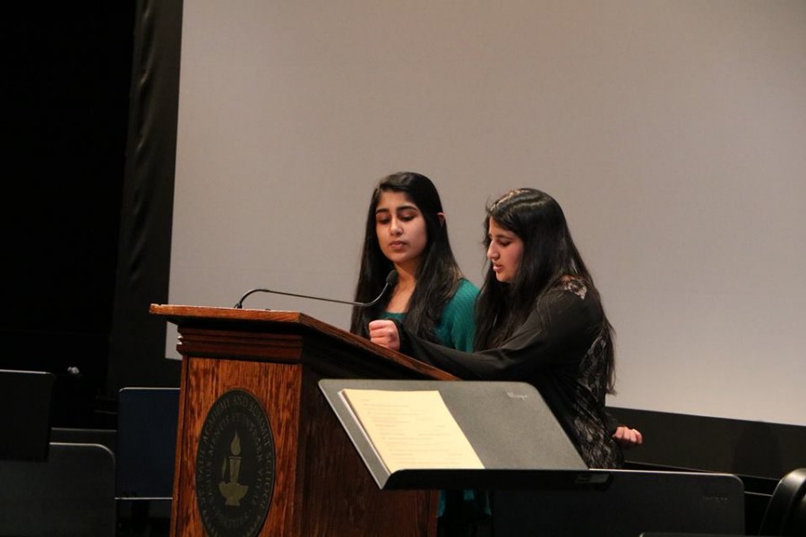 Freshman Mashal Naqvi and junior Tabeer Naqvi present their plans for a book drive for Pakistani schoolgirls through an organization called CARE. “Education has always been an important thing in our family and Pakistan is close to the heart... that’s where our roots are,” Tabeer Naqvi said.