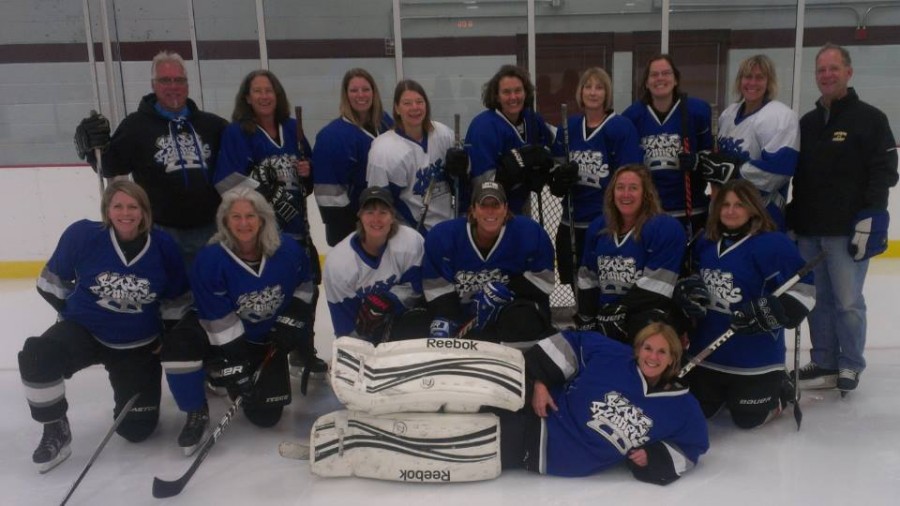 Upper School Chemistry teacher Beth Seibel-Hunt (top row, 5 from the right) poses with her Womens Hockey Association of Minnesota team