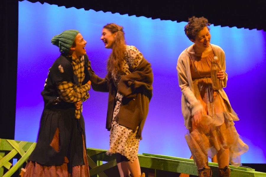 Sophomore Jonah Harrison, junior Mary Grant, and senior Tessa Rauch, respectively cackle as they play the three witches from the one-act "Our Rotten Town" during the dress rehearsal. "I've got my answer - not to be," Justin Zanaska (playing Hamlet) said. 