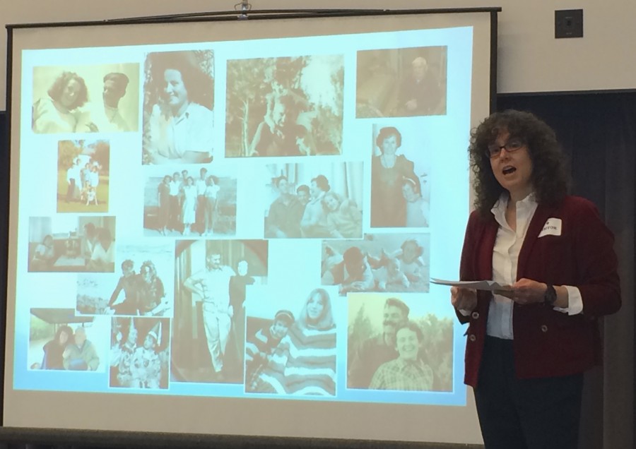 Tzafrirs talk began with an introduction to her family. “Growing up in the home of two holocaust survivors who went through the death camps and survived, meant for me a feeling of loss and sadness. It was something you could not escape,” Tzafrir said. This collage features different images of her family, including a picture of her mother in 1946, a picture of of her parents when they got married in 1949, a picture of Tzafrir and her sister in the 1970s, and a recent picture of her father.
