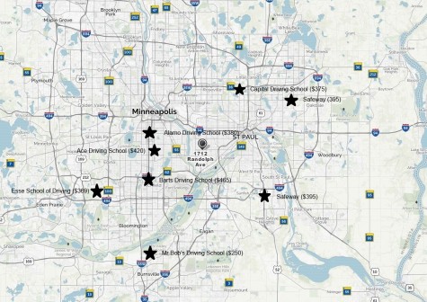 A map of local driving schools shows the distance and cost. Both seem unreasonable for students attempting to show their independence with a driver's license. 