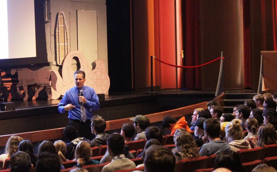 Psychologist Kevin Harrington speaks to students at St. Paul Academy and Summit School on Feb. 23 for Peer Helpers' mental health week.