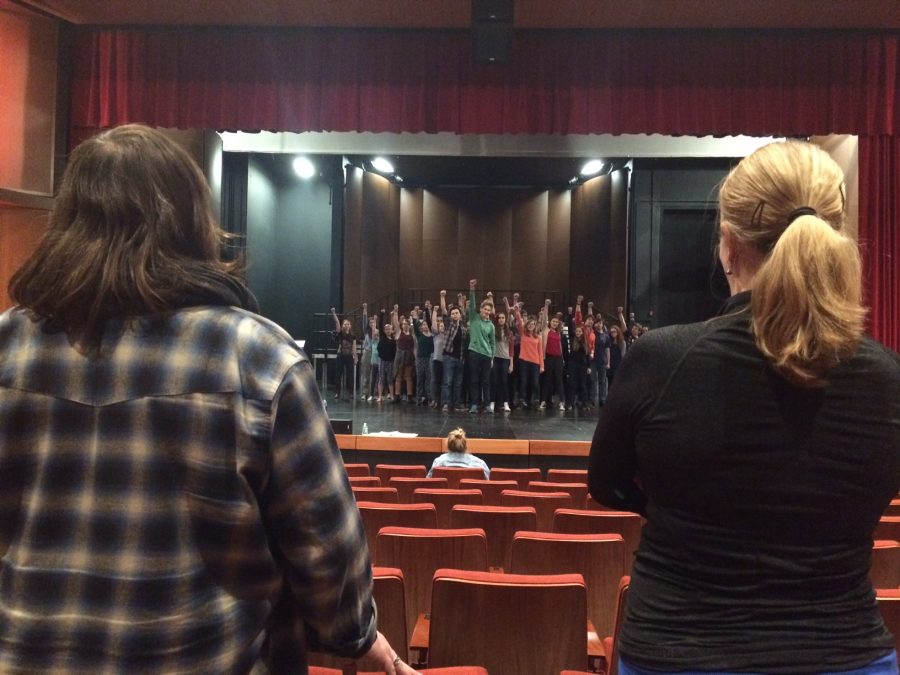 Upper School Theater Director Eric Severson and choreographer Karis Sloss oversee Les Misérables rehearsals. “Those big rehearsals are a challenge. But it’s rewarding and it always pulls together in the end, senior Maggie Vlietstra said. Performances are free: May 20-21 at 7:00 p.m. and May 22 at 4:00 p.m. in the Huss Center.