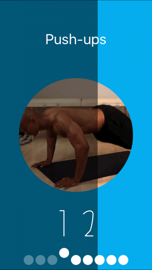Man demonstrates proper push-up position. The time is running out on the fourth workout of ten. The time remaining is seen in the darker shade   of blue advancing through the screen along with a timer running down from 30 seconds to 0. 