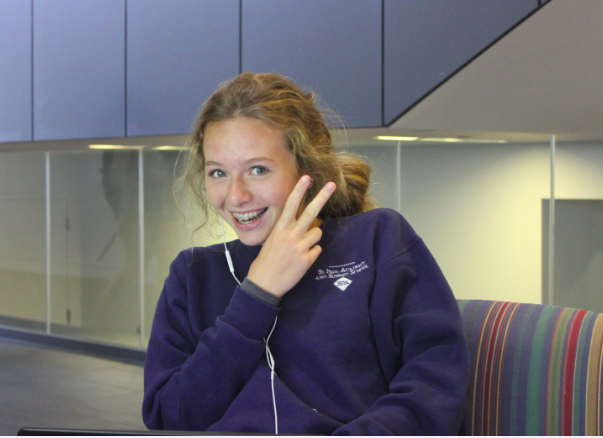 Freshman Muriel Lang works on the newly placed couches by the trophy cases in the Huss Center. I can go wherever I want whenever I want and I feel very productive, Lang said.